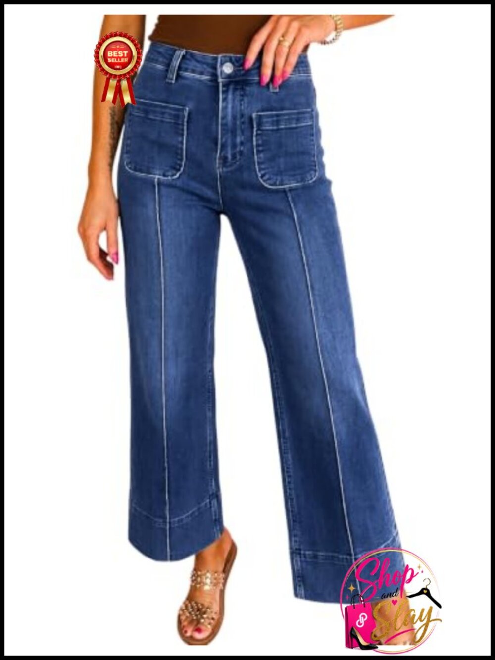 Wide Leg High Waisted Cropped Ankle Jeans Cotton Blend Stretch Denim Pants